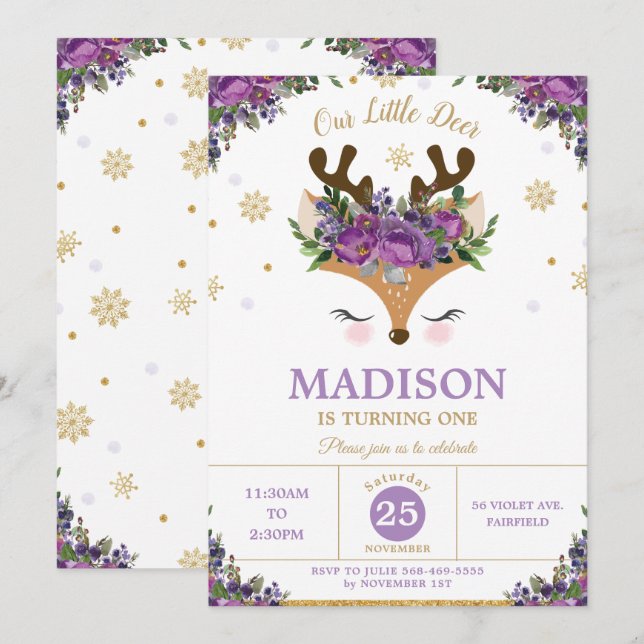 Invitation Fête d'anniversaire des Snowflakes floraux violets (Devant / Derrière)