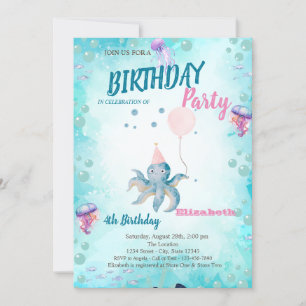 Invitation Fête d'anniversaire d'été ballon pieuvre marine