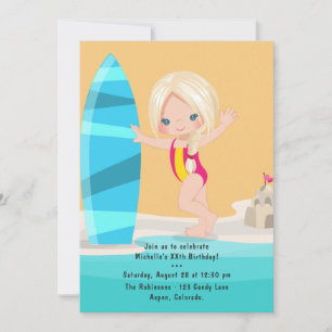 Invitation Fête d'anniversaire d'été de plage pour fille blon