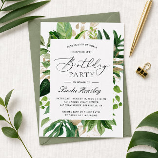 Invitation Fête d'anniversaire d'été Feuilles Tropicales Verd