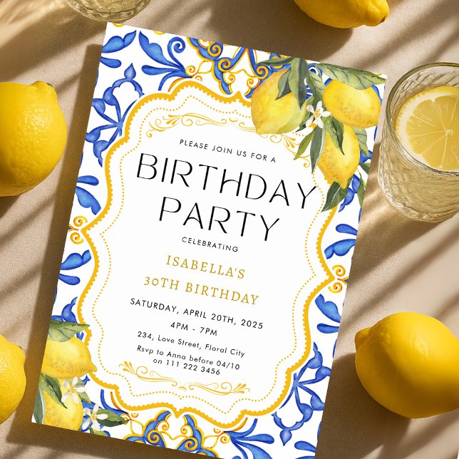 Invitation Fête d'anniversaire d'été Lemon Méditerranée (Summer Lemon Mediterranean Birthday Party Invitation)