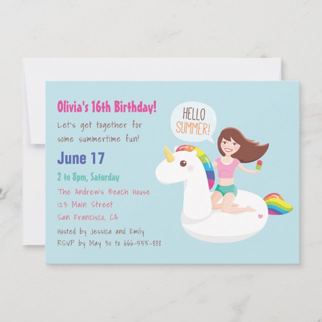 Invitation Fête d'anniversaire d'été Licorne Arc-en-ciel sur  (Devant)