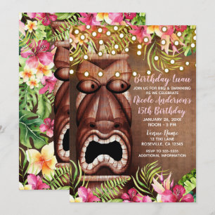 Invitation Fête d'anniversaire d'été Luau Tiki Hawaïen en boi