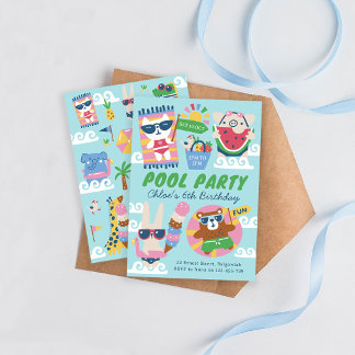 Invitation Fête d'anniversaire d'été pour enfants Animaux mig