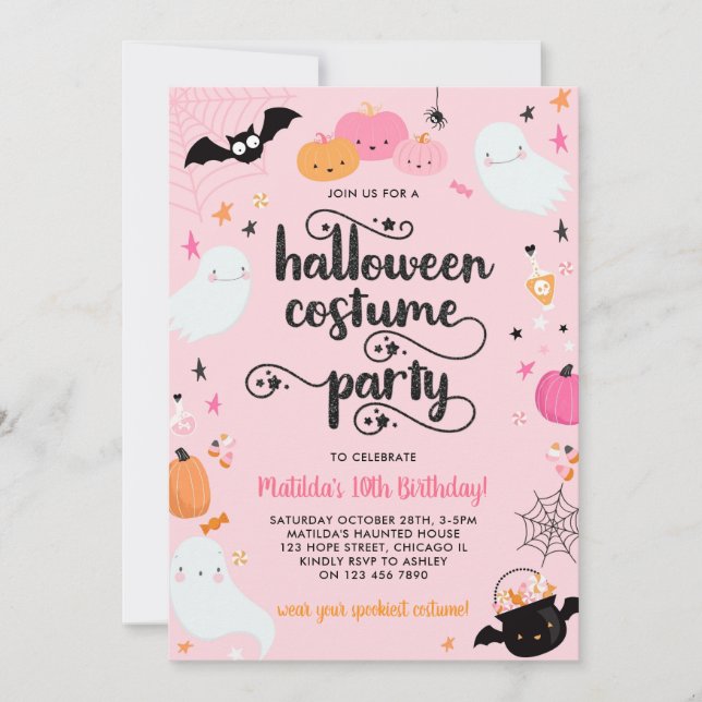 Invitation Fête d'anniversaire d'Halloween en rose pour une f (Devant)