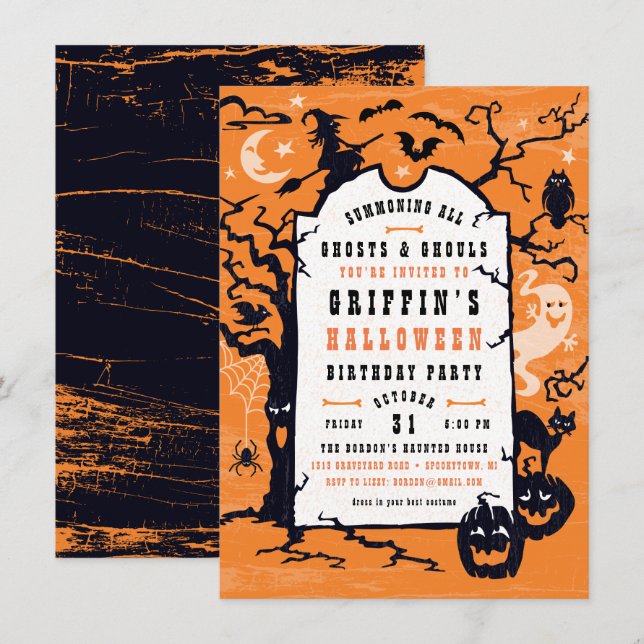 Invitation Fête d'anniversaire d'Halloween, ou soirée costumé (Devant / Derrière)