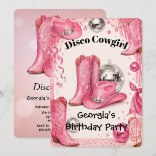 Invitation Fête d'anniversaire disco cowgirl rose