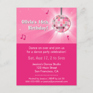 Invitation Fête d'anniversaire disco danse Sweet Sixteen rose