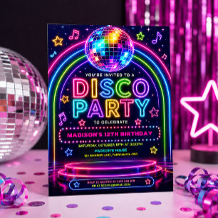 Invitation Fête d'anniversaire Disco Neon Glow pour pré-ados
