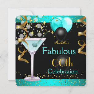 Invitation Fête d'anniversaire dorée au fabuleux martini bleu