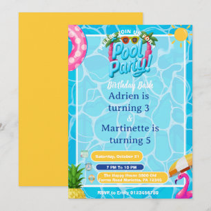 Invitation Fête d'anniversaire double pour enfants avec pisci
