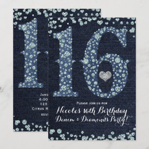 Invitation Fête d'anniversaire douce 16 Denim & Diamonds 16èm