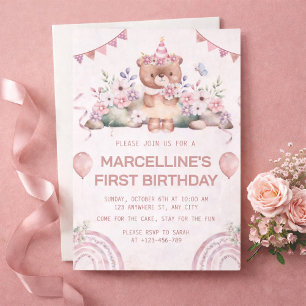 Invitation Fête d'anniversaire d'ours floral rose 1 an