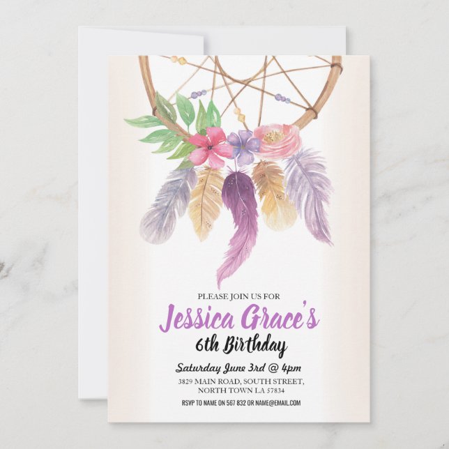 Invitation Fête d'anniversaire Dreamcatcher Purple Floral Inv (Devant)