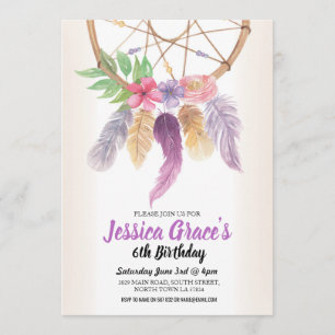 Invitation Fête d'anniversaire Dreamcatcher Purple Floral Inv