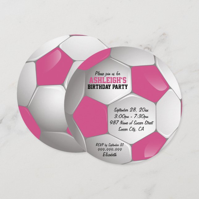 Invitation Fête d'anniversaire du bal de football rose et bla (Devant / Derrière)