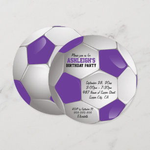 Invitation Fête d'anniversaire du bal de football violet et b