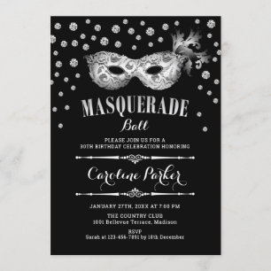 Invitation Fête d'anniversaire du bal Mascarade Noir Argent