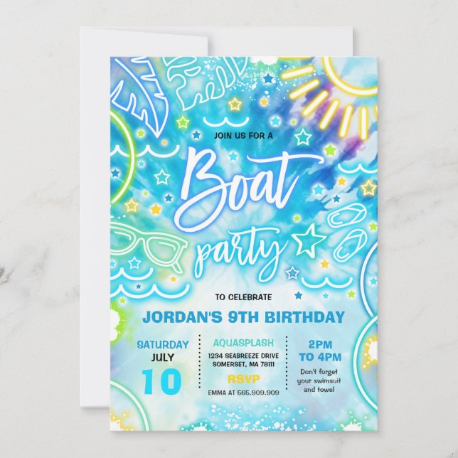 Invitation Fête D'Anniversaire Du Bateau Au Lac Tie Dye Glow (Devant)