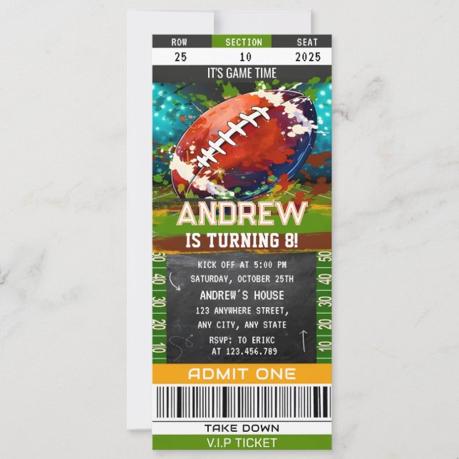 Invitation Fête d'anniversaire du billet de football américai (Devant)