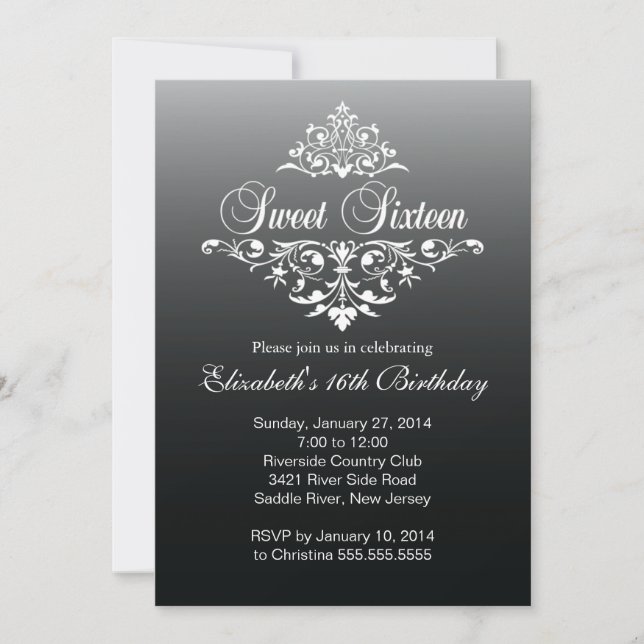 Invitation Fête d'anniversaire du Black White Sweet sixteen m (Devant)