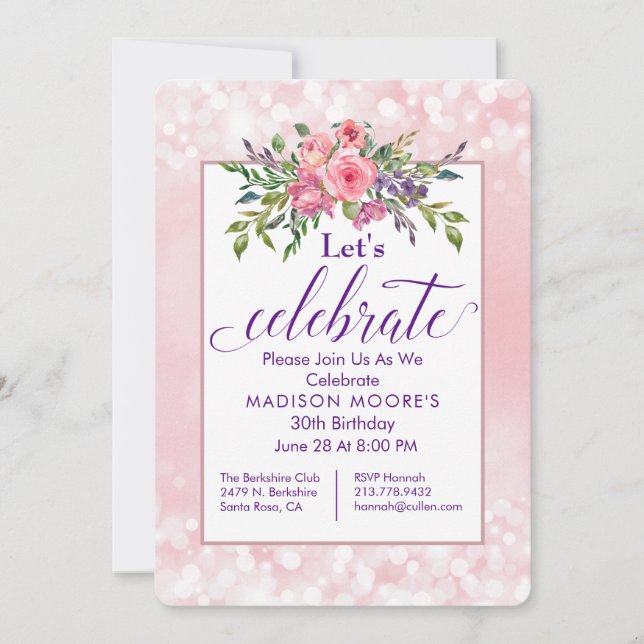 Invitation Fête d'anniversaire du Bokeh Floral rose (Devant)