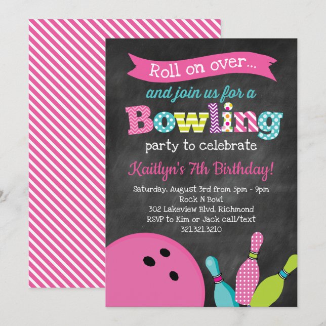 Invitation Fête d'anniversaire du bowling de la fille - (Devant / Derrière)