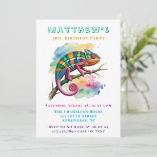 Invitation Fête d'anniversaire du caméléon aquarelle coloré
