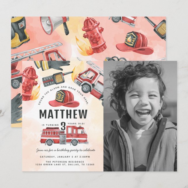 Invitation Fête d'anniversaire du camion de moteur de feu rou (Devant / Derrière)