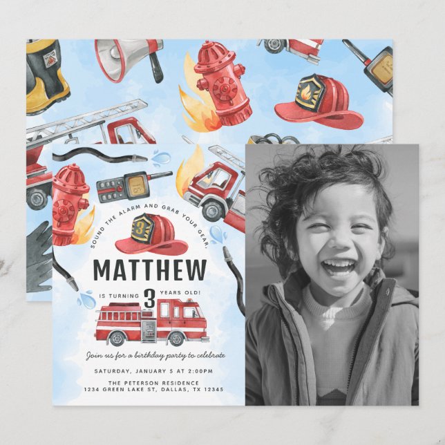 Invitation Fête d'anniversaire du camion de moteur de feu rou (Devant / Derrière)