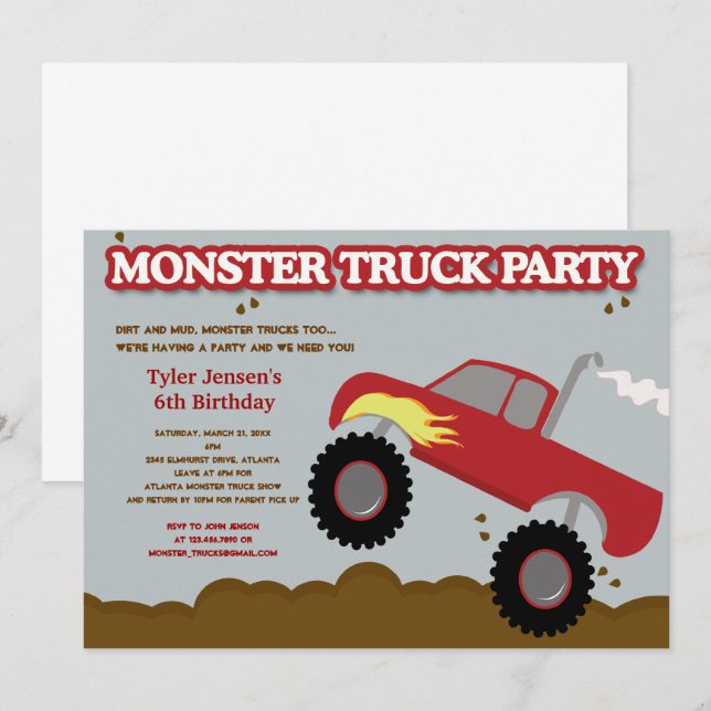 Invitation Fête d'anniversaire du Camion Monster (couleurs ro (Devant / Derrière)