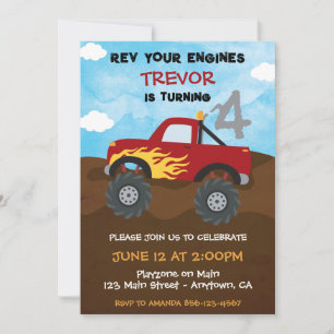 Invitation Fête d'anniversaire du camion monstre rouge 4 ans