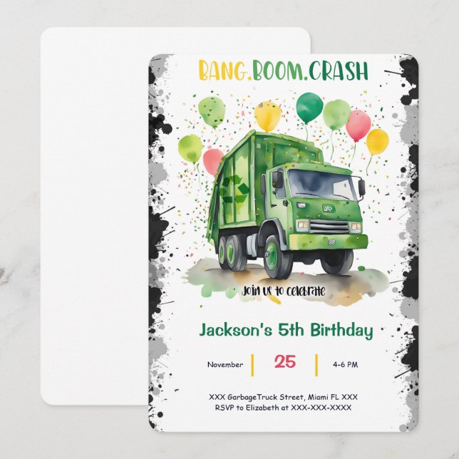 Invitation Fête d'anniversaire du camion-poubelle (Devant / Derrière)