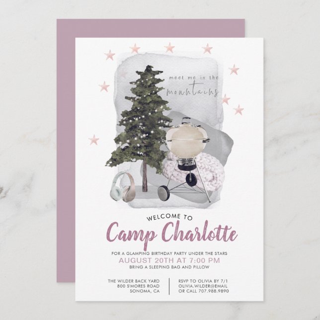 Invitation Fête d'anniversaire du Camping Glamping (Devant / Derrière)