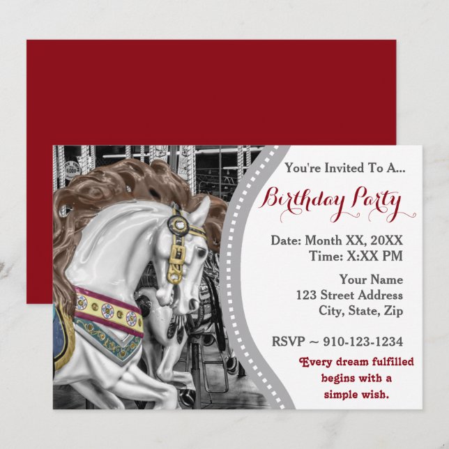 Invitation Fête d'anniversaire du Carousel Horse Merry-Go-Rou (Devant / Derrière)