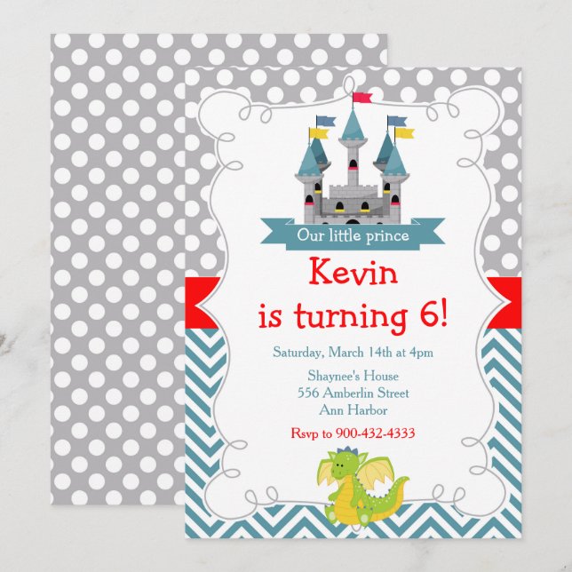 Invitation Fête d'anniversaire du dragon et du château (Devant / Derrière)