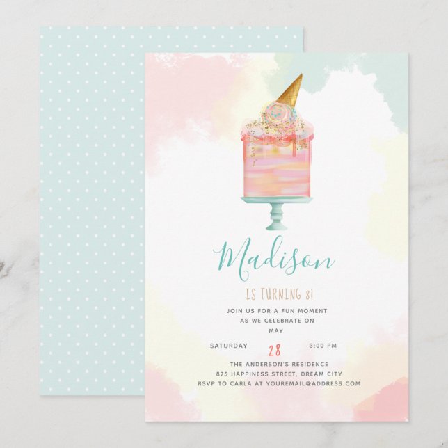 Invitation Fête d'anniversaire du gâteau à la crème glacée Wa (Devant / Derrière)