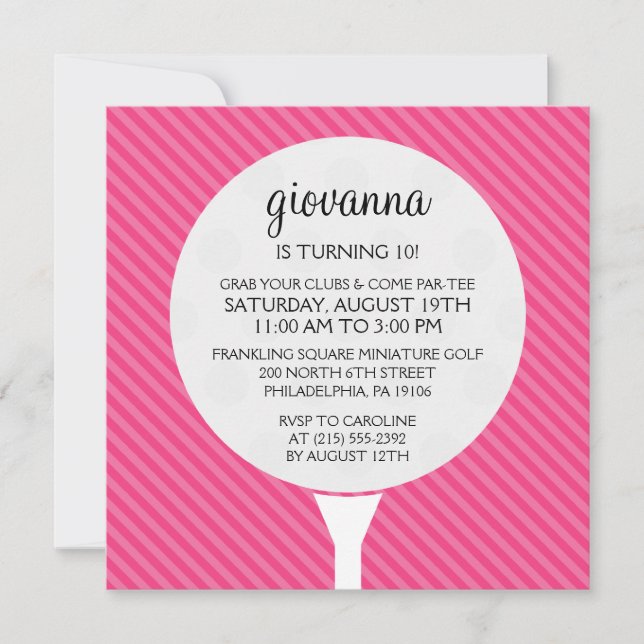 Invitation Fête d'anniversaire du Hot Pink Golf Ball Miniatur (Devant)