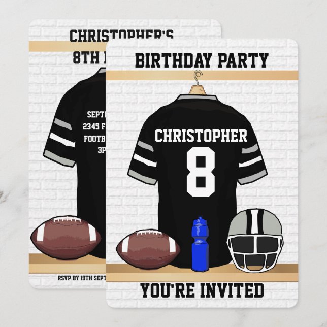 Invitation Fête d'anniversaire du Jersey de football noir et  (Devant / Derrière)