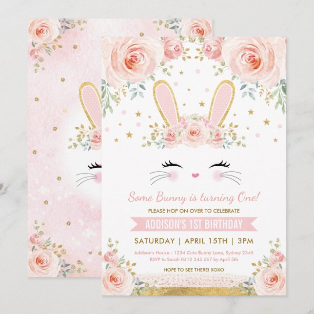 Invitation Fête d'anniversaire du lapin de Lapin Floral Cute  (Devant / Derrière)