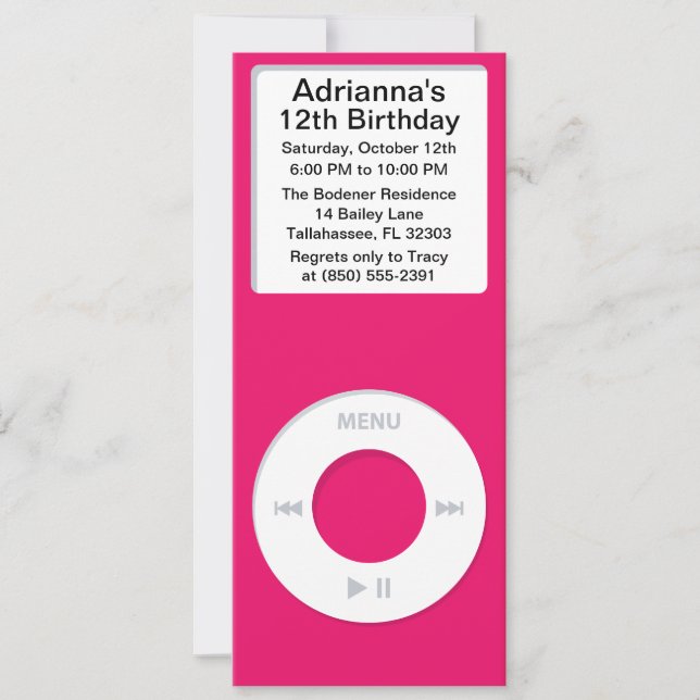 Invitation Fête d'anniversaire du lecteur MP3 Hot Pink (Devant)