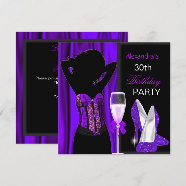 Invitation Fête d'anniversaire du léopard violet glamour (Devant / Derrière)