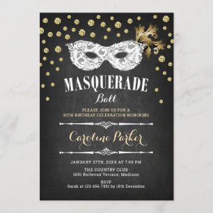 Invitation Fête d'anniversaire du Masquerade Ball Gold Chalkb