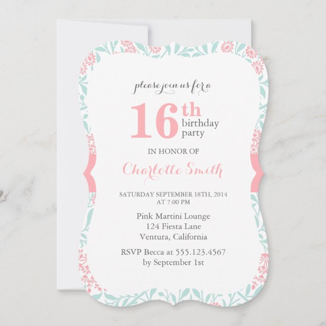 Invitation Fête d'anniversaire du modèle floral rose et menth (Devant)