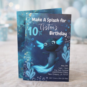 Invitation Fête d'anniversaire du néon bleu foncé Axolotl