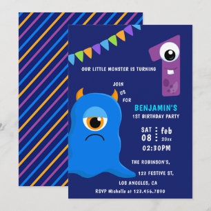 Invitation Fête d'anniversaire du petit garçon monstre 1 an