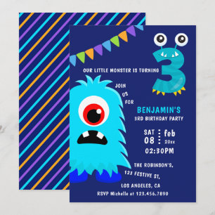 Invitation Fête d'anniversaire du petit garçon monstre 3 ans