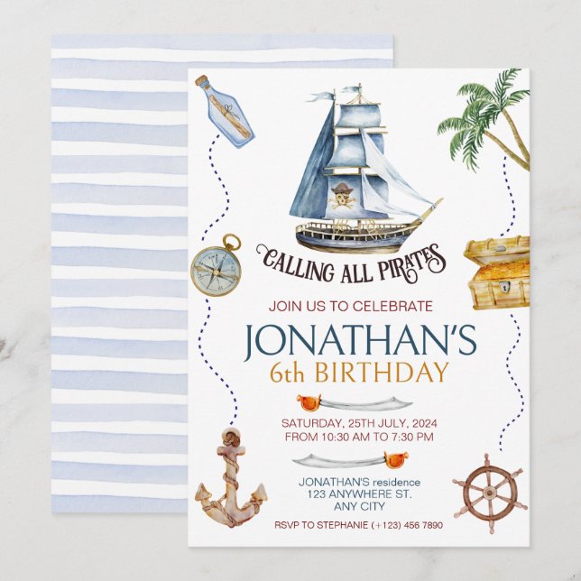 Invitation Fête d'anniversaire du Pirate (Devant / Derrière)