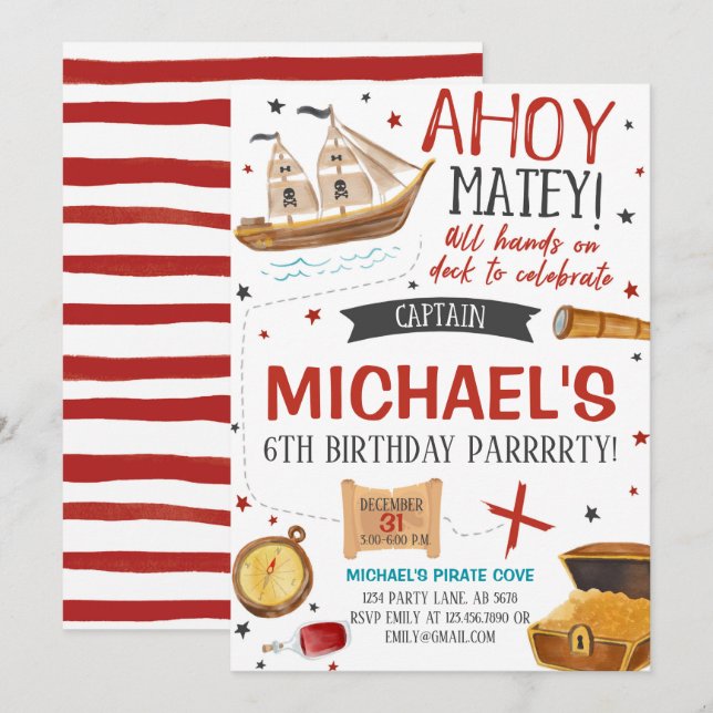 Invitation Fête d'anniversaire du Pirate (Devant / Derrière)
