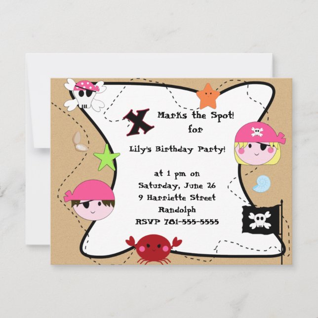 Invitation Fête d'anniversaire du Pirate rose personnalisé KR (Devant)